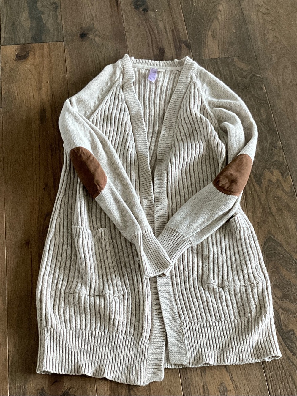 Alya Cream Ribbed Open-Front Cardigan with Brown Elbow Patches
